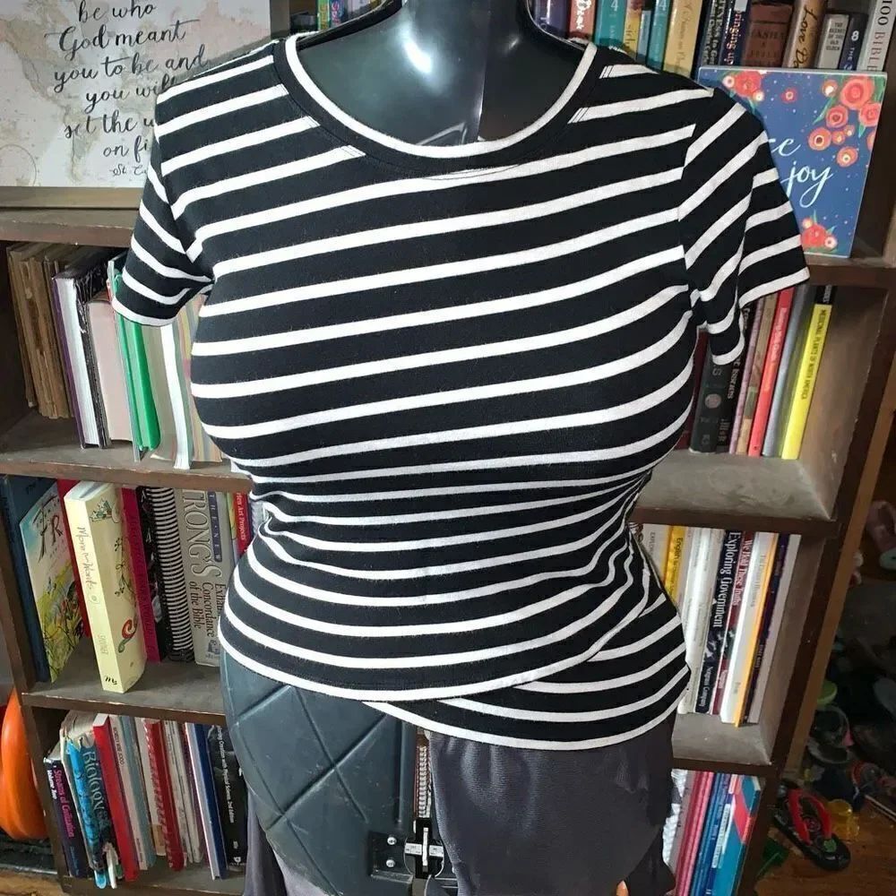 CAbi S Parisian black and white striped layered knit blouse